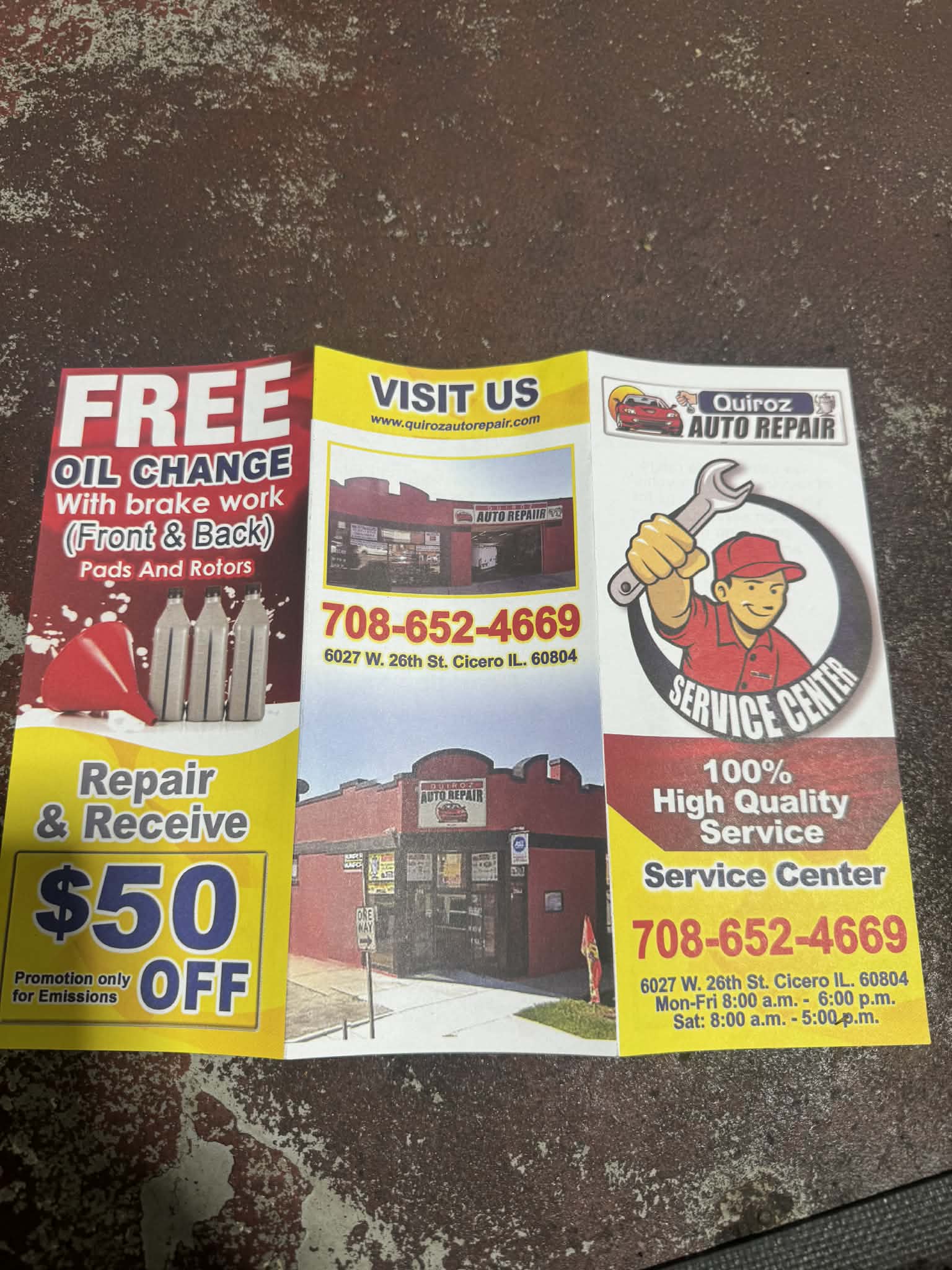 Free oil change with brake work and $50 off repairs at Quiroz Auto Repair